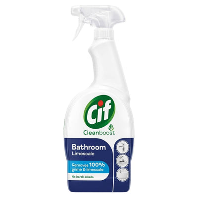 A 700ml spray bottle of Cif Power & Shine Bathroom Spray with a blue label, delivering 100% limescale and grime removal, all without harsh smells.