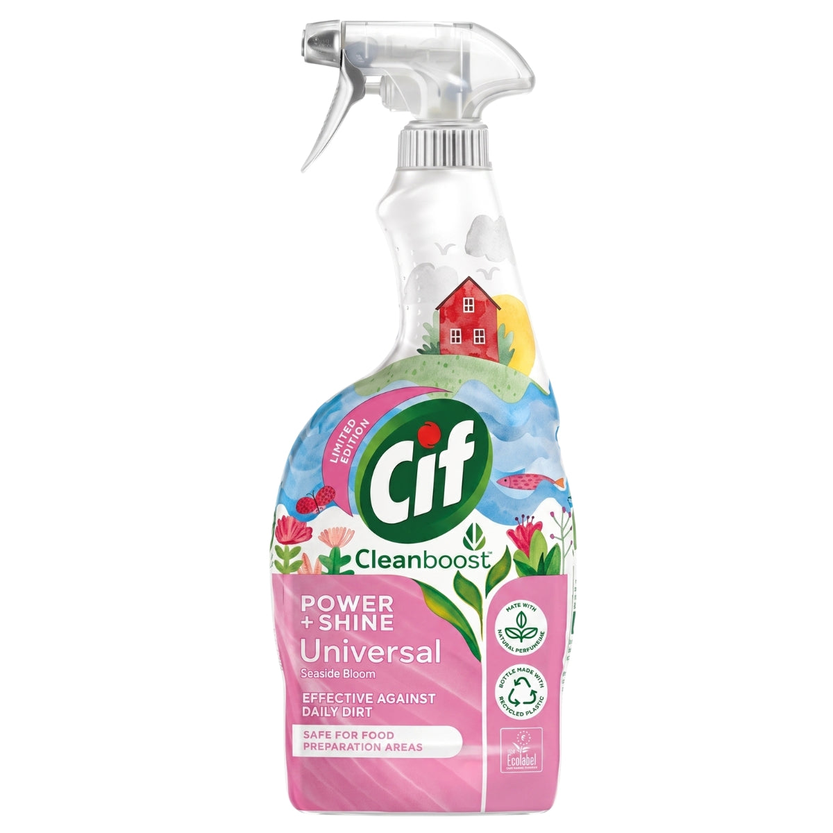 A 750ml spray bottle of Cif Power + Shine Universal Seaside Bloom cleaner, featuring colorful floral and house graphics on the label.