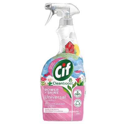 A 750ml spray bottle of Cif Power + Shine Universal Seaside Bloom cleaner, featuring colorful floral and house graphics on the label.