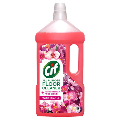 A 950ml bottle of Cif - Wild Orchid All Purpose Floor Cleaner, featuring a pink, residue-free liquid and a floral label design.