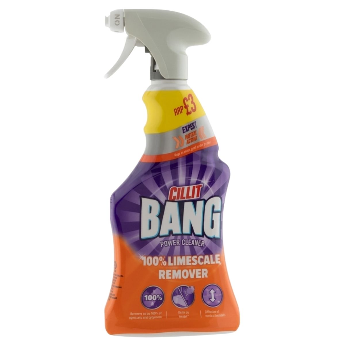 A 500ml Cillit Bang Power Cleaner Limescale Remover Spray with an orange and purple label and white nozzle. This bathroom cleaner features advanced anti-redeposition technology for a lasting shine.