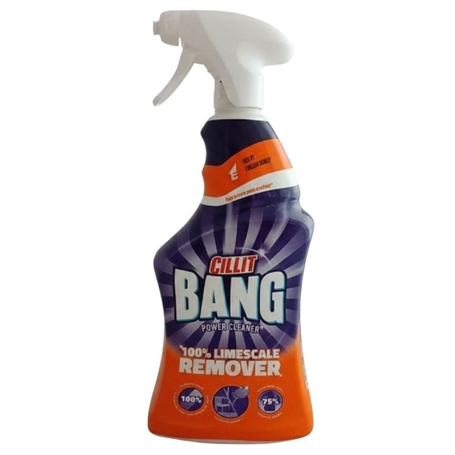 A 750ml bottle of Cillit Bang - Power Cleaner Limescale Remover Spray, featuring a white spray nozzle and purple-orange label, designed to tackle tough limescale with advanced anti-redeposition technology.