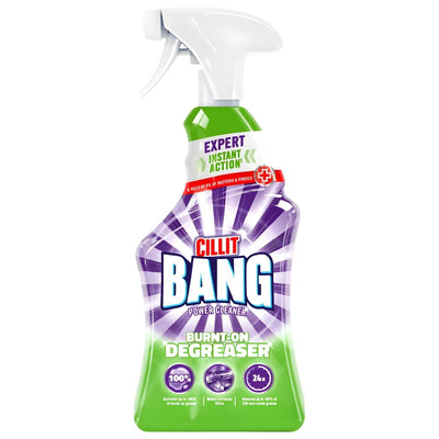 A 750ml spray bottle of Cillit Bang Power Kitchen Cleaner Burnt On Degreaser effectively tackles tough kitchen grease.