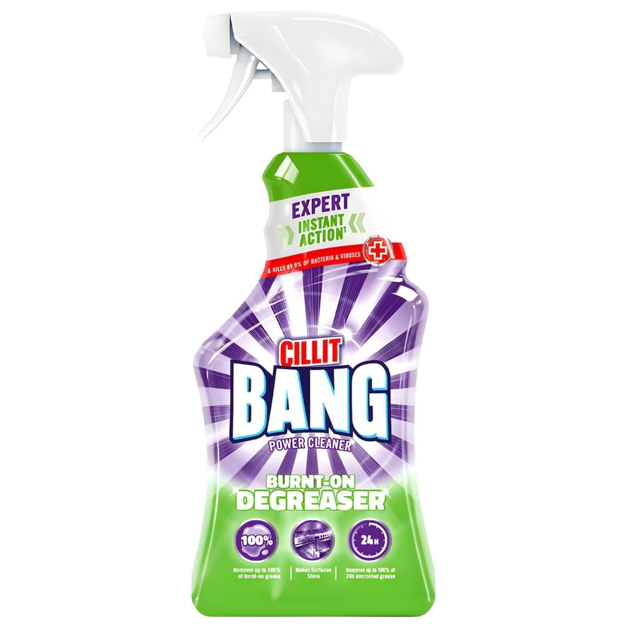 A 750ml spray bottle of Cillit Bang Power Kitchen Cleaner Burnt On Degreaser effectively tackles tough kitchen grease.