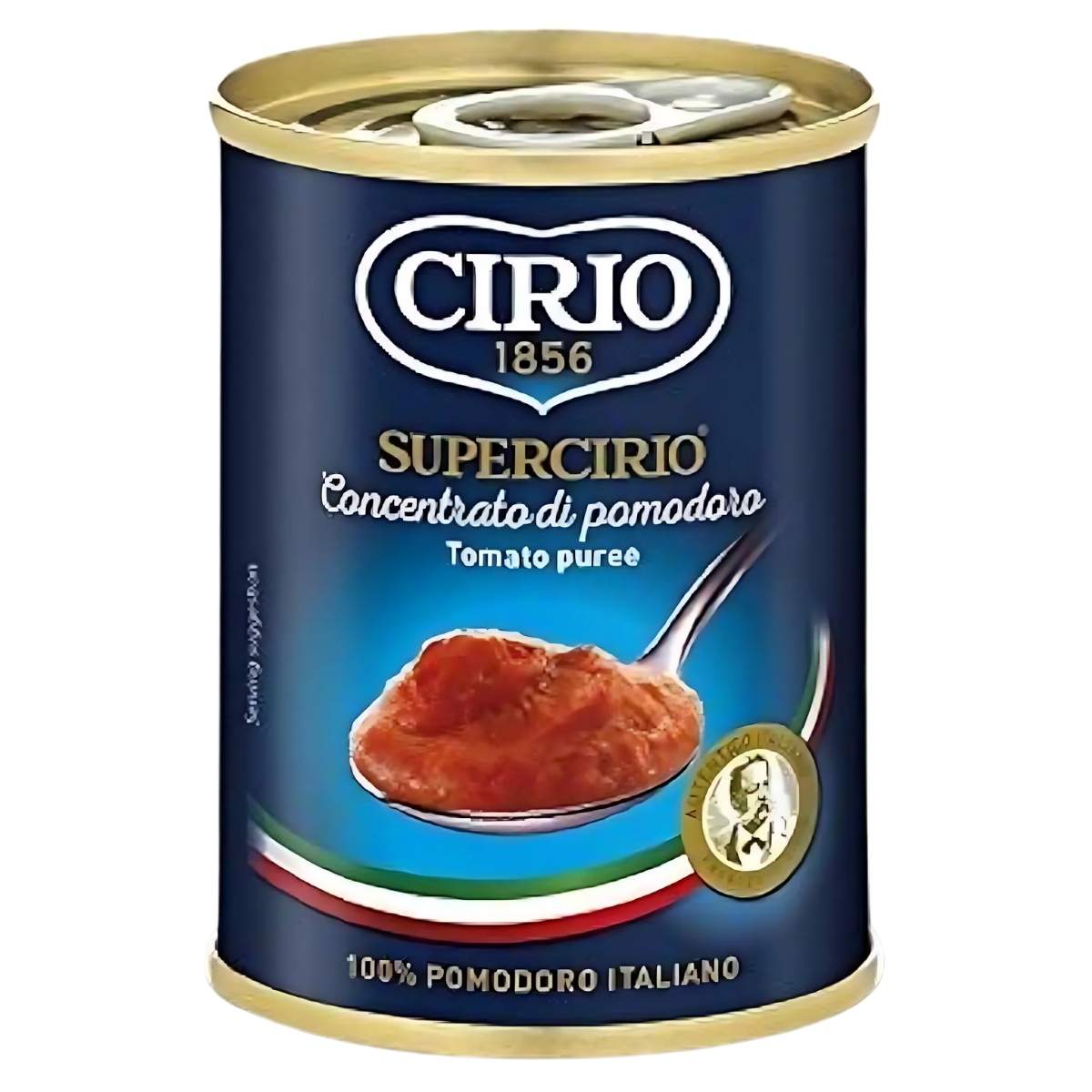 The Cirio - Supercirio Concentrated Tomato Puree, 140g can features a blue label with a spoon image and gold lid, highlighting "1856" and "100% Pomodoro Italiano," promising bold flavor and intense tomato goodness.