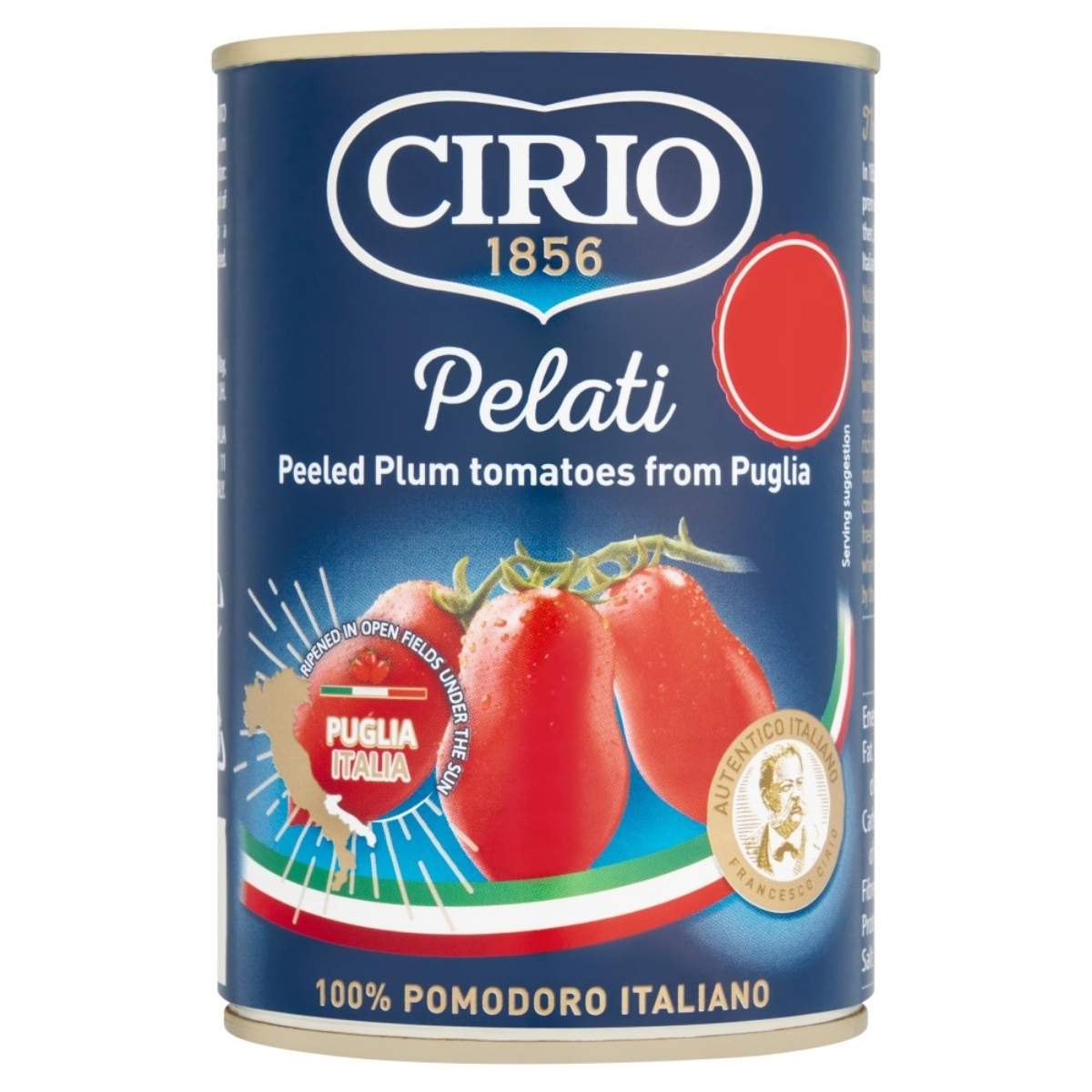 A 400g can of Cirio Peeled Plum Tomatoes, adorned with an image of tomatoes and a seal of Italian authenticity on the label, originating from Puglia.