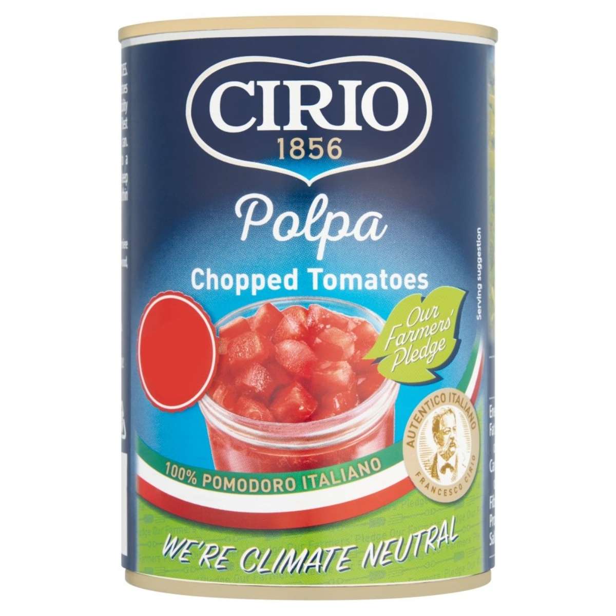 A 400g can of Cirio Polpa Chopped Tomatoes, featuring labels such as "Authentico Italiano" and "We're Climate Neutral," provides an ideal mix of rich flavors.