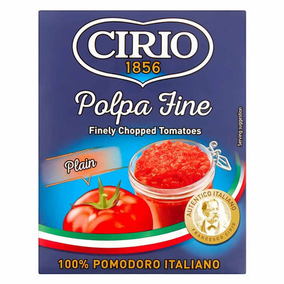 A 390g box of Cirio Polpa Fine Finely Chopped Tomatoes Plain, labeled "100% Pomodoro Italiano," features chopped tomatoes in a bowl with a whole tomato on the packaging, made from premium quality tomatoes.