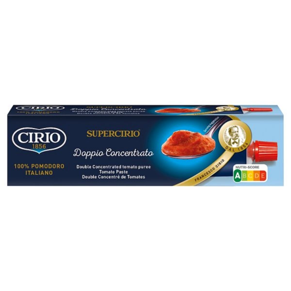 Box of Cirio - Supercirio Double Concentrated Tomato Puree, a richly packed tomato paste featuring an eye-catching blue design. Its Nutri-Score label emphasizes its superior nutritional profile, making it an indispensable ingredient for crafting energy-packed dishes.