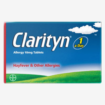 Clarityn - Allergy Tablets - 7 Pack offers relief from hay fever and other allergies, with each 10mg tablet ensuring effective sneezing prevention with just one daily dose. The packaging features a prominent "1 a Day" symbol.