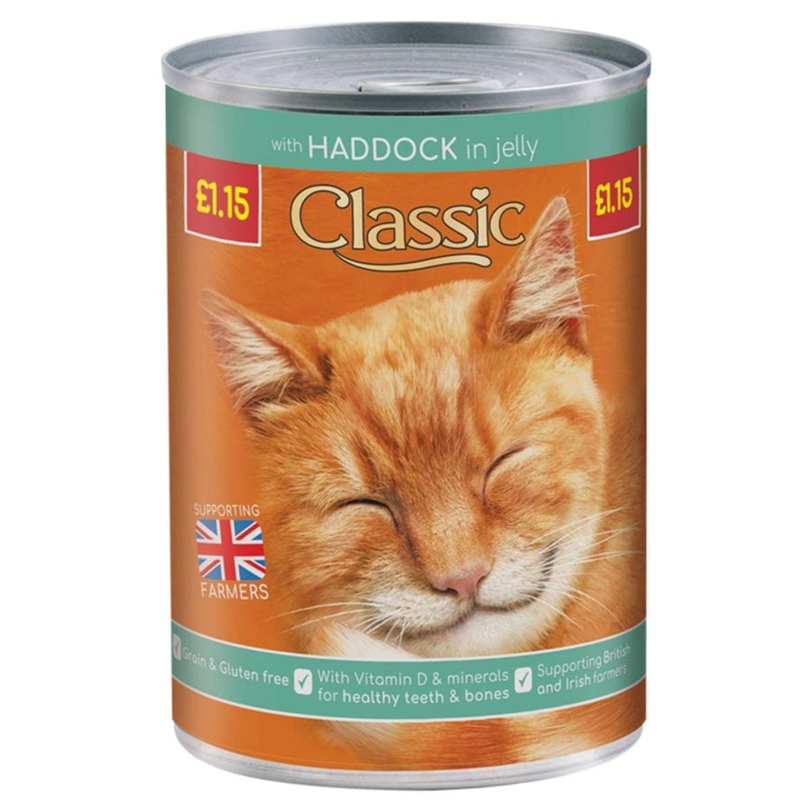 Cat food can with a cat on the label and text about ingredients and price.