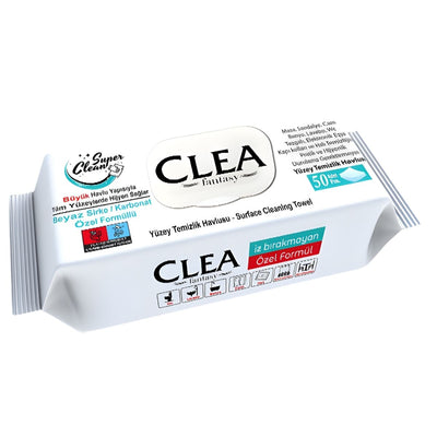 A package of Clea Fantasy Surface Cleaning Wipes (50 pieces), featuring special formula icons and text that showcase their professional-grade quality and wide cleaning applications.