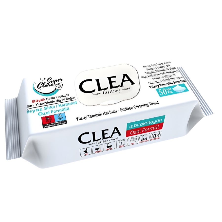 A package of Clea Fantasy Surface Cleaning Wipes (50 pieces), featuring special formula icons and text that showcase their professional-grade quality and wide cleaning applications.