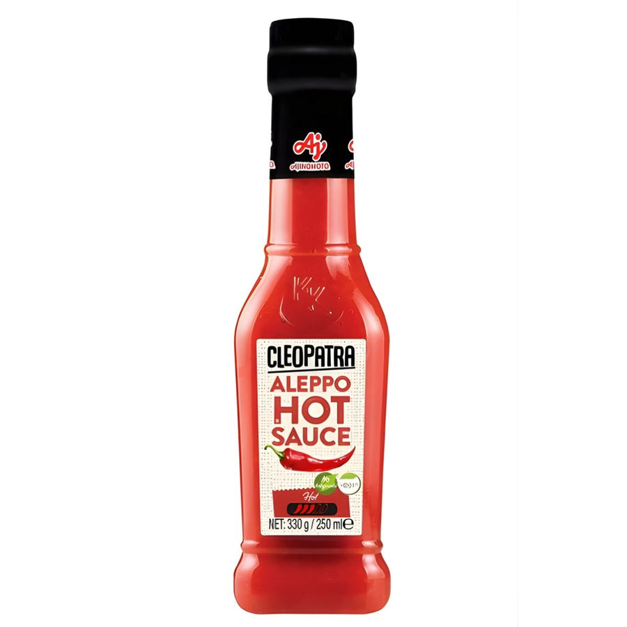 A 250ml bottle of Cleopatra Aleppo Hot Sauce features a bold, spicy kick and all-natural ingredients, with a red label and chili pepper images on the front.