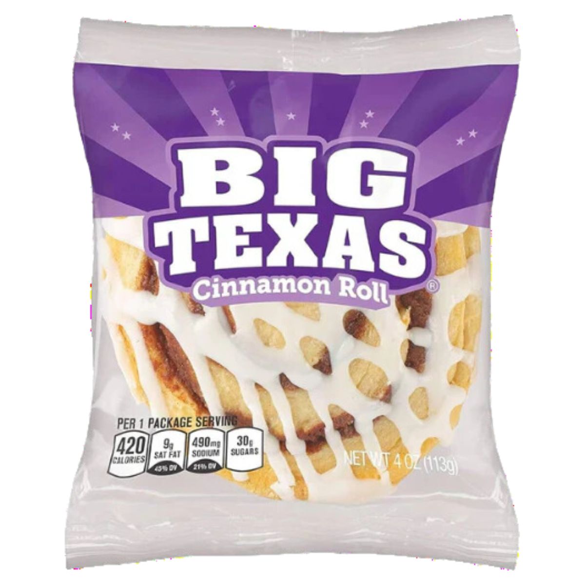 The image features a 113g "Cloverhill - Bakery Big Texas Cinnamon Roll" package, displaying purple branding with white lettering. The front includes nutritional details and notes that it is made with an enriched flour base.