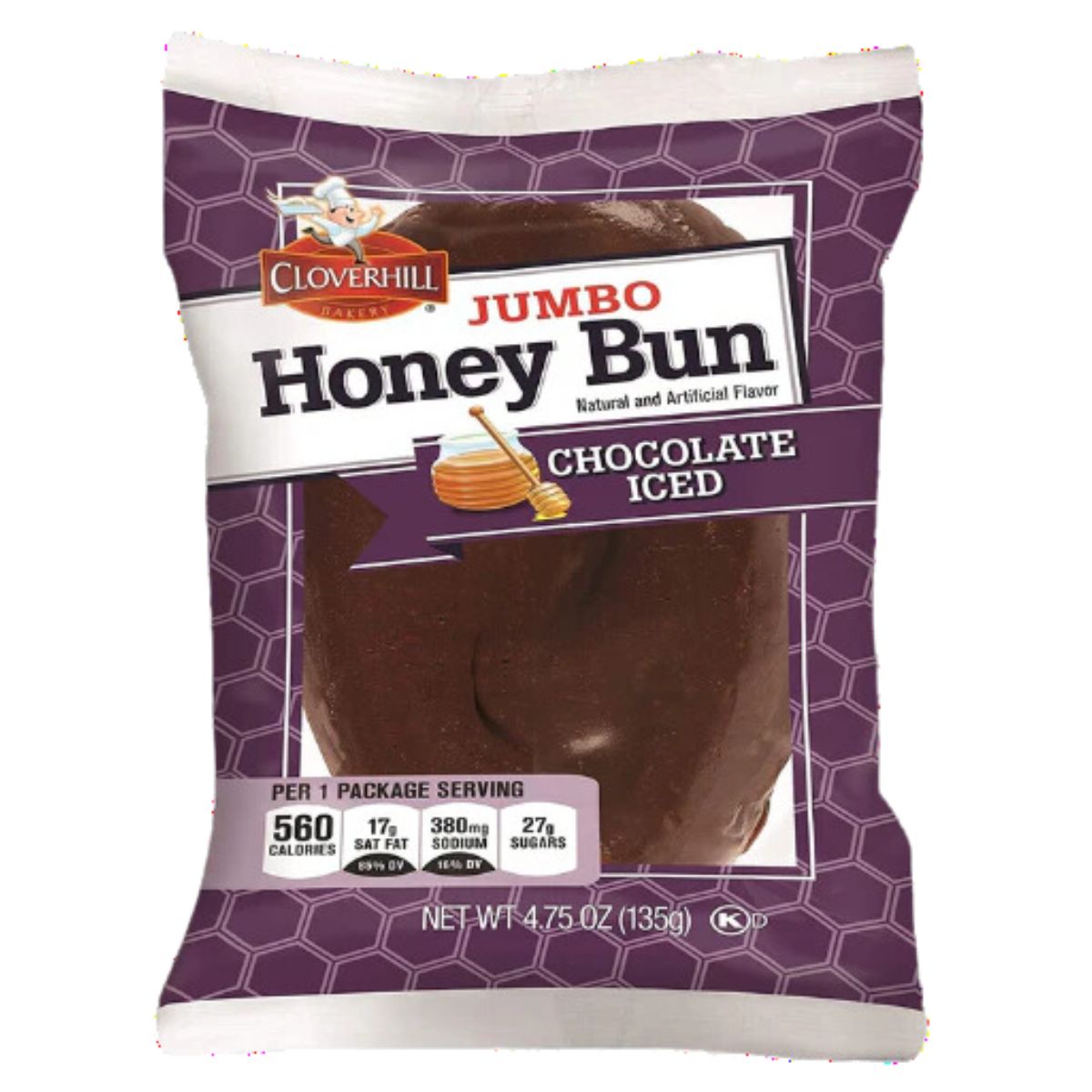 Package of Cloverhill - Bakery Honey Bun Chocolate Iced, proudly displaying nutritional information and net weight of 113g (4.75 oz).