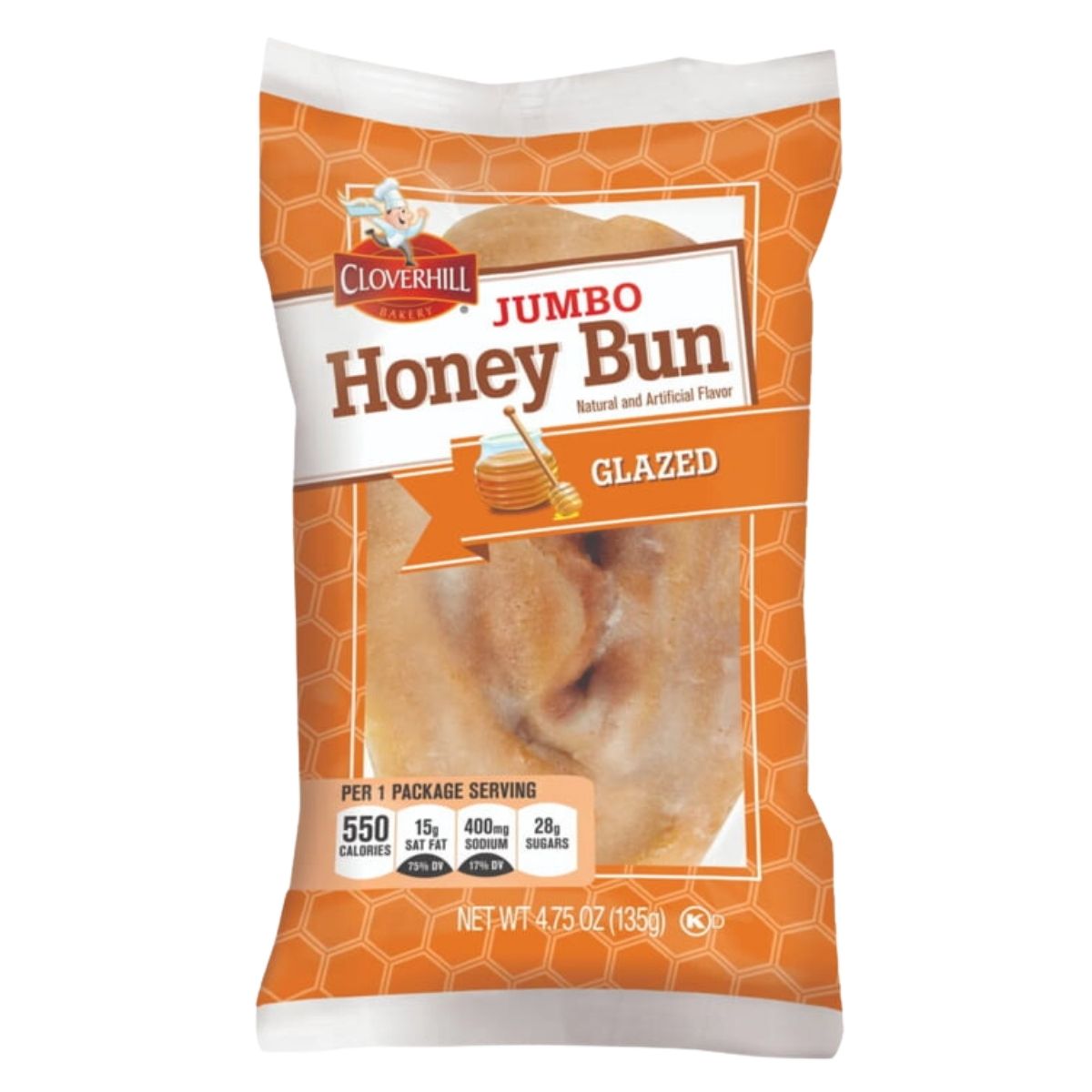 A package of Cloverhill - Jumbo Honey Bun Glazed - 113g is displayed, making it an ideal choice for anyone craving a satisfying breakfast treat, with the packaging indicating 550 calories per serving.