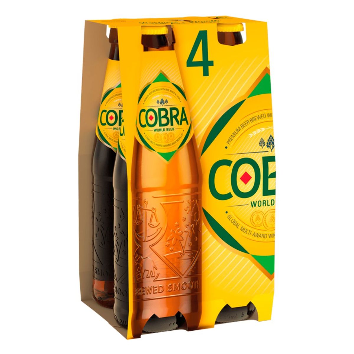 Four bottles of Cobra - Premium Beer (4.5% ABV) - 4 x 330ml in a box on a white background.