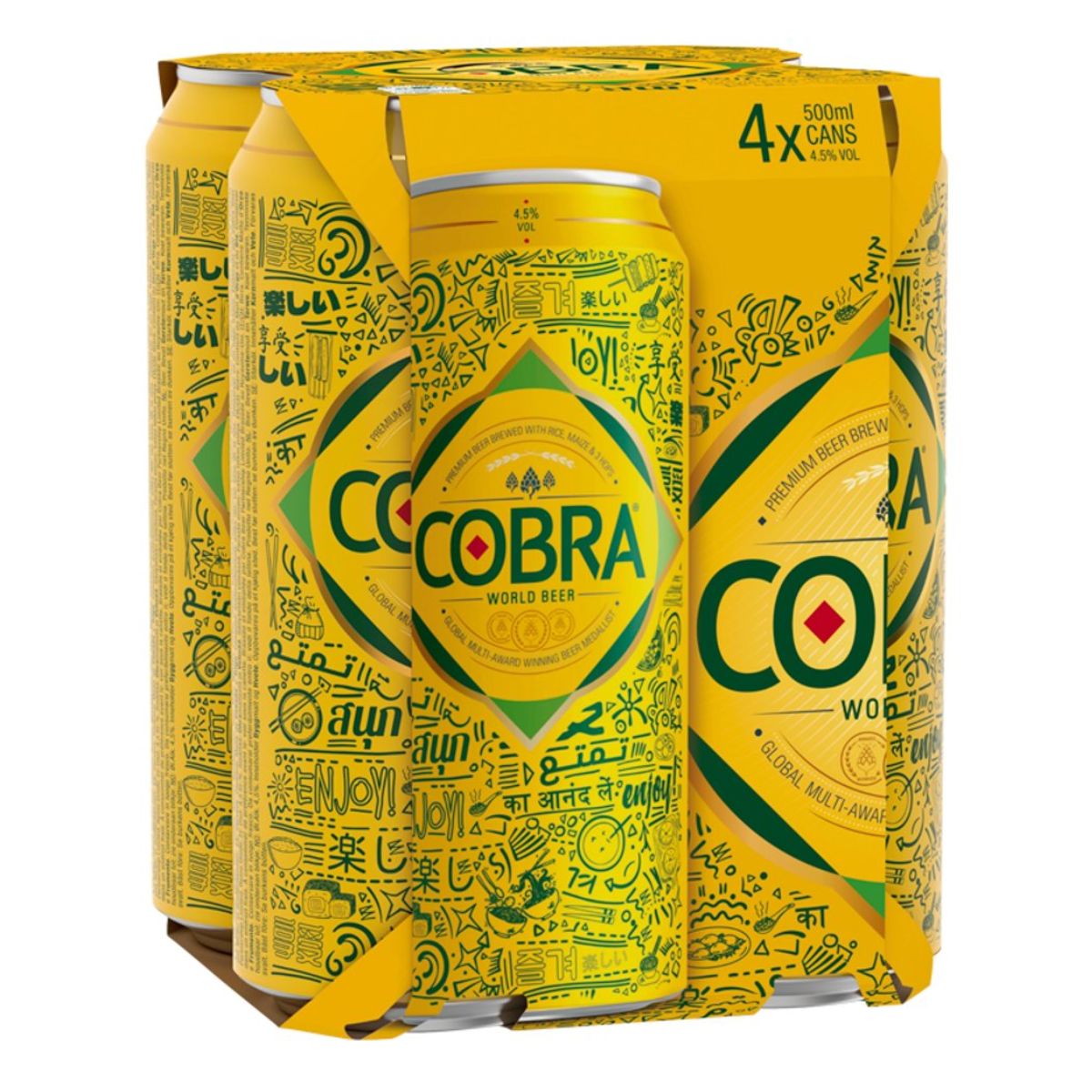Four cans of Cobra - Premium Beer (4.5% ABV) - 4 x 500ml on a white background.