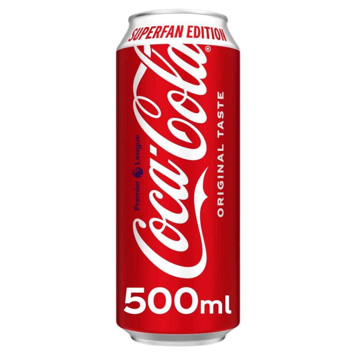 A 500ml can of Coca-Cola Superfan Edition Original Taste on a plain white background.