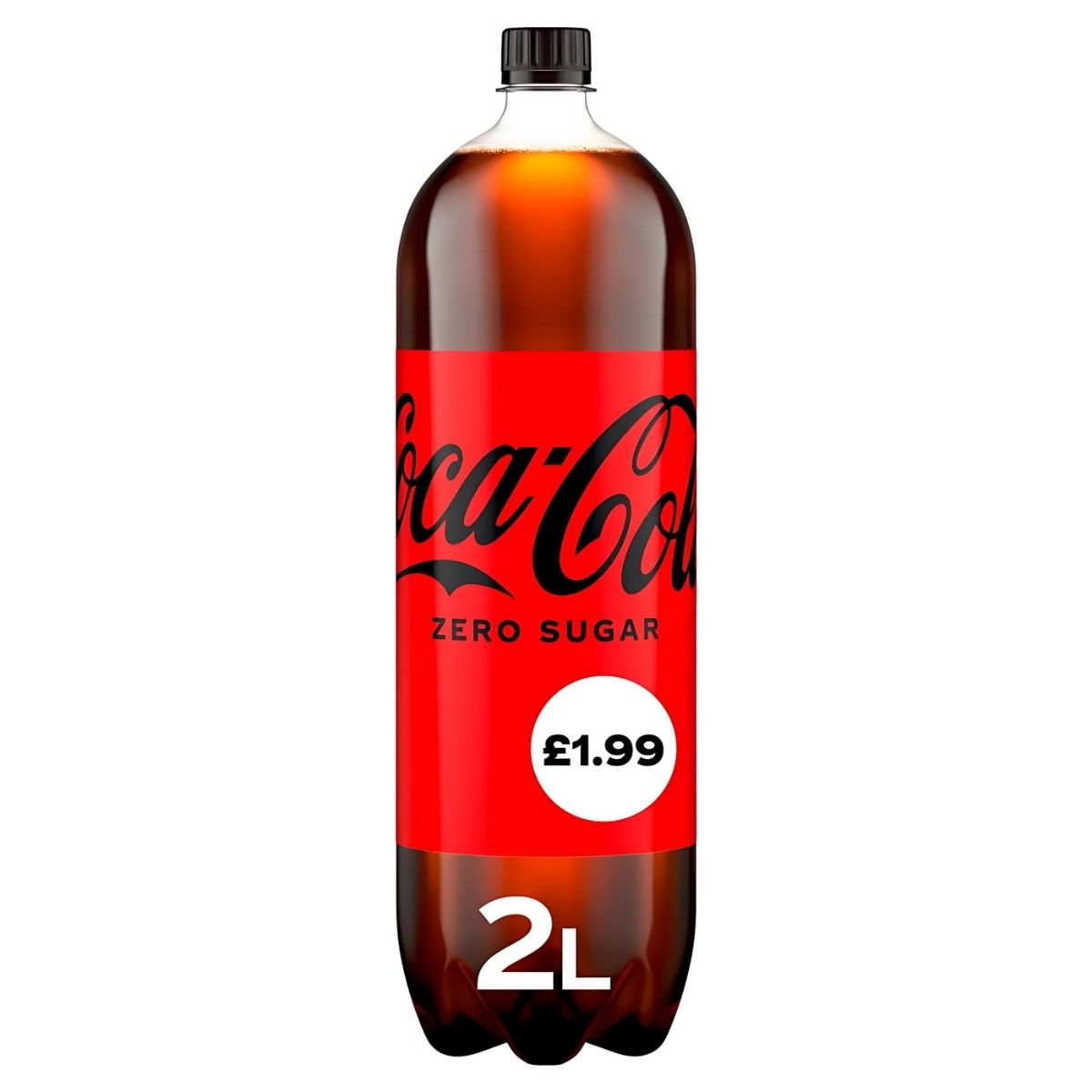 A 2L Coca-Cola Zero Sugar, known for its bold flavor, has a distinctive red label and black cap, priced at £1.99.