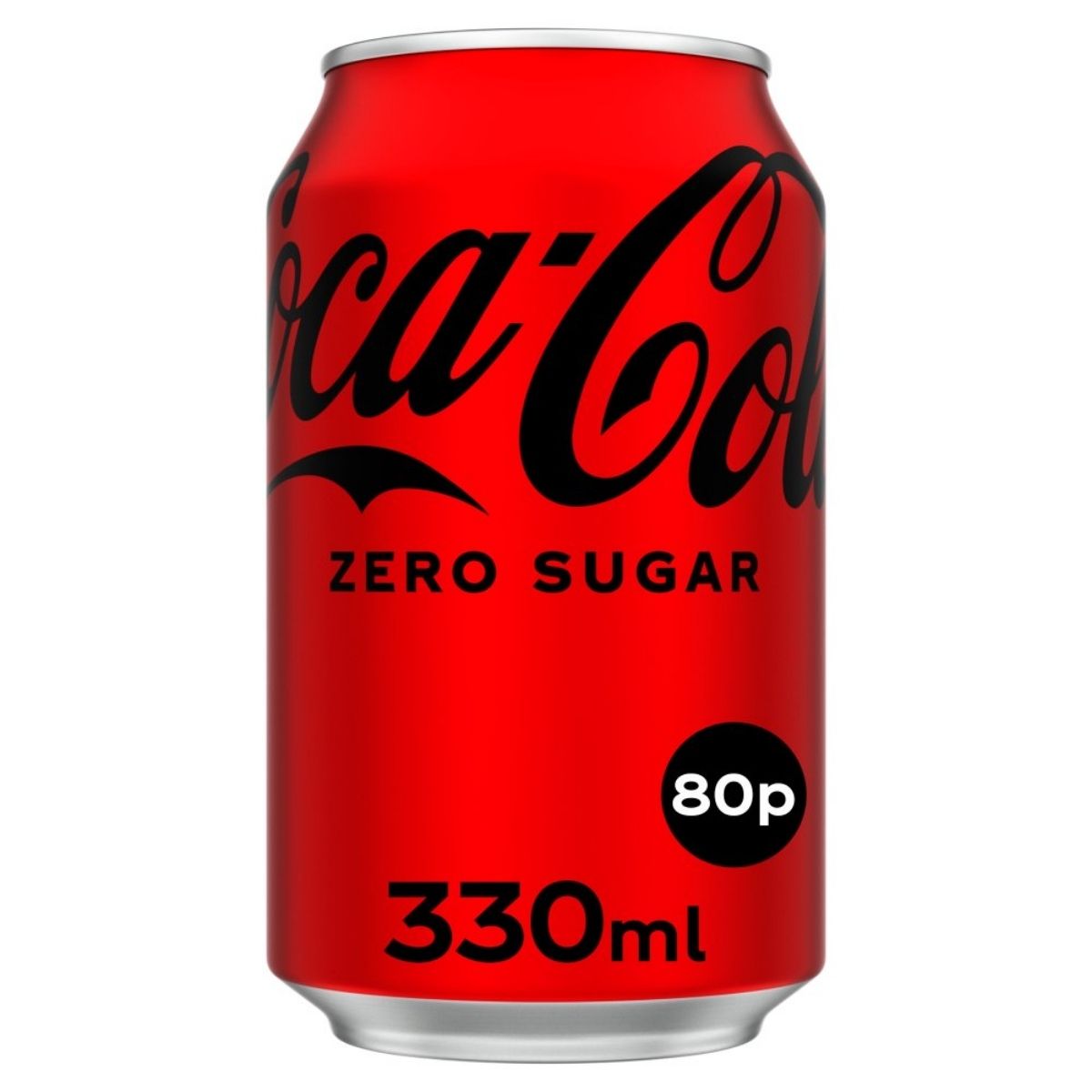 A 330ml red can of Coca-Cola - Zero Sugar, celebrated for its delicious flavor without any calories, is priced at 80p.