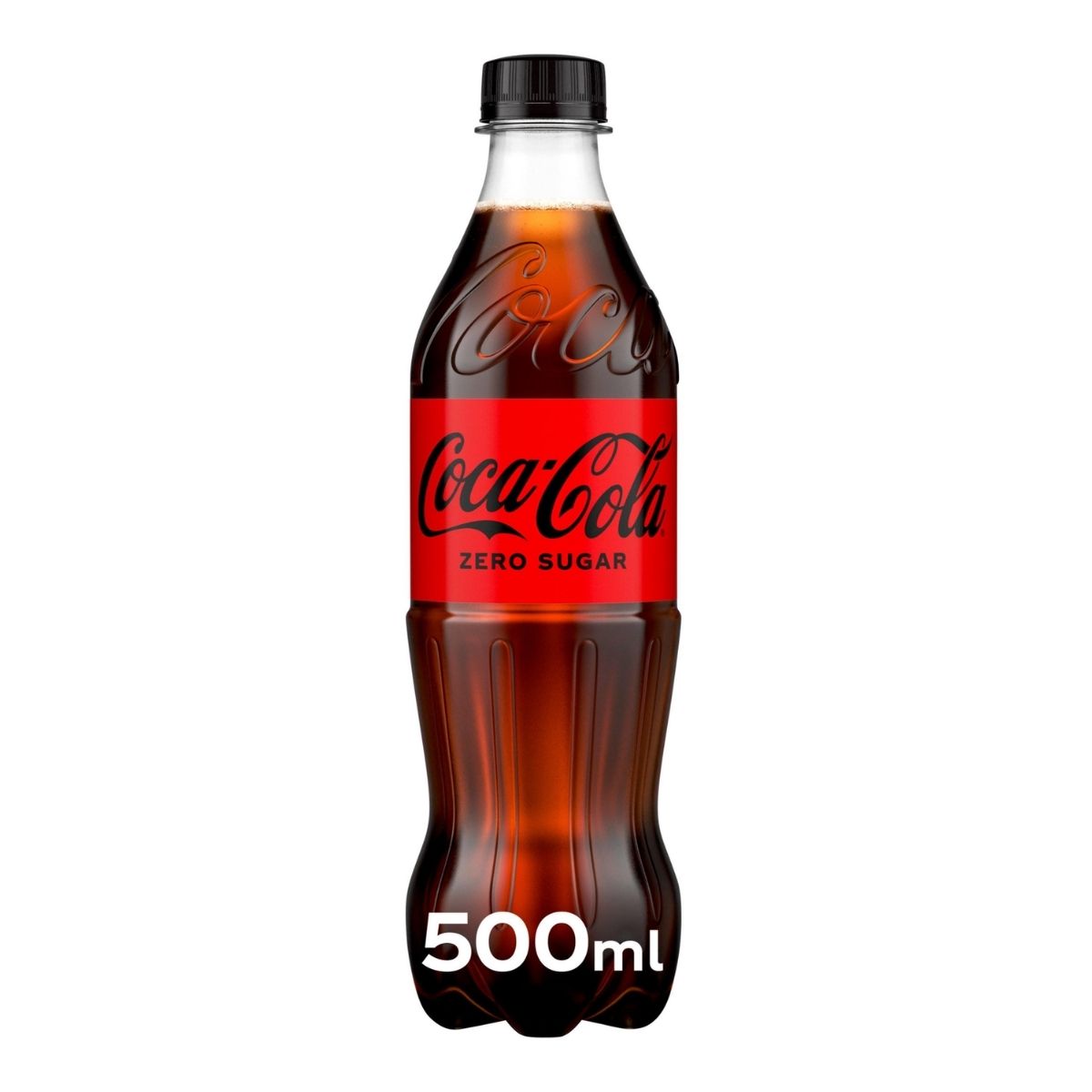 A 500ml bottle of Coca-Cola - Zero Sugar, the sugar-free cola with zero calories, featuring a red label and black cap.