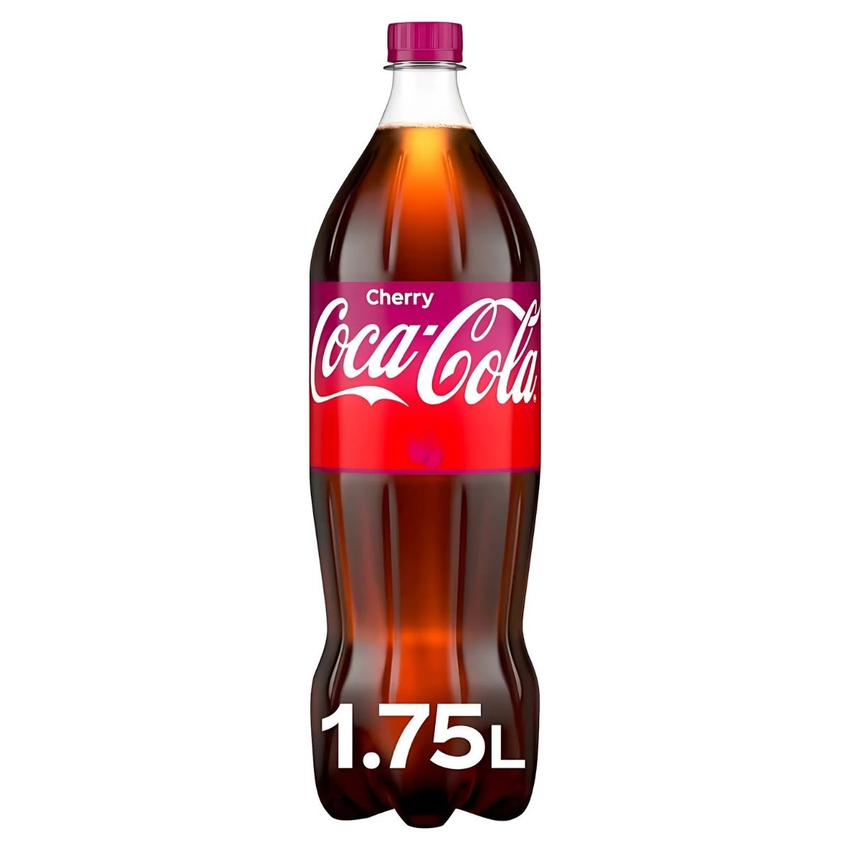 A 1.75L bottle of Coca Cola - Cherry, featuring a red label, provides a refreshing drink with rich cherry flavor.