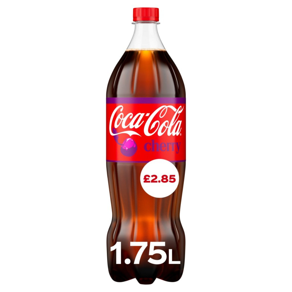 A 1.75-liter bottle of Coca Cola - Cherry, branded by Coca Cola, with a red cap and label, priced at £2.85.