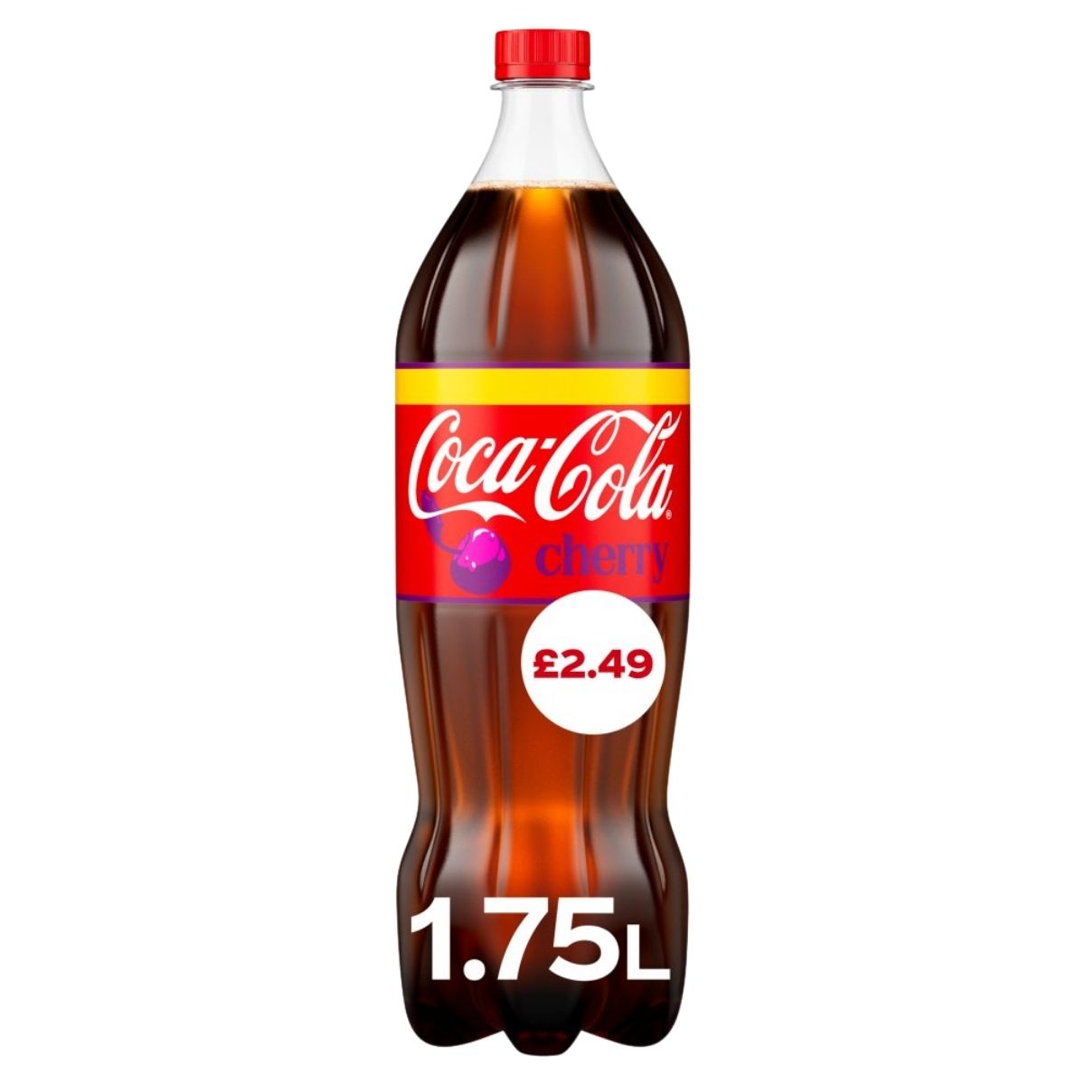 A 1.75L bottle of Coca Cola - Cherry from Coca Cola, featuring a cherry flavor, with a red cap, yellow and red label, and a printed price of £2.49.