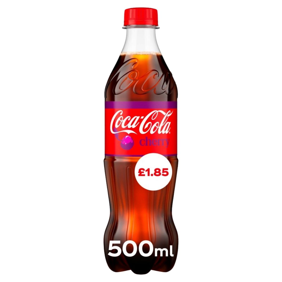 Coca-Cola Cherry bottle with red cap and label on a white background