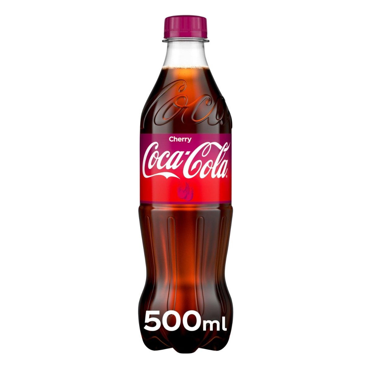 A 500ml bottle of Coca Cola - Cherry features a red label and cap, highlighting its cherry flavor—a refreshing drink choice.