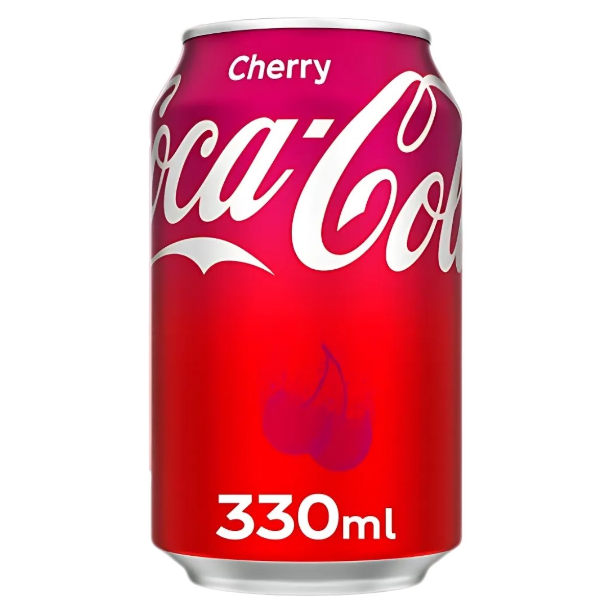 A 330ml Coca Cola - Cherry Can with a vibrant red and pink design featuring cherry images, ideal for on-the-go refreshment.