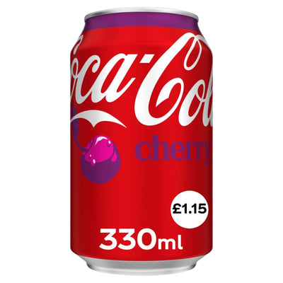 A 330ml Coca Cola - Cherry Can with white and purple text, a cherry graphic, and a price tag of £1.15.