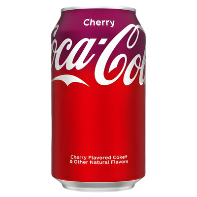 A 355ml Coca Cola Cherry Can from Coca Cola, featuring a red and purple gradient design with the classic logo and cherry cola flavor text.