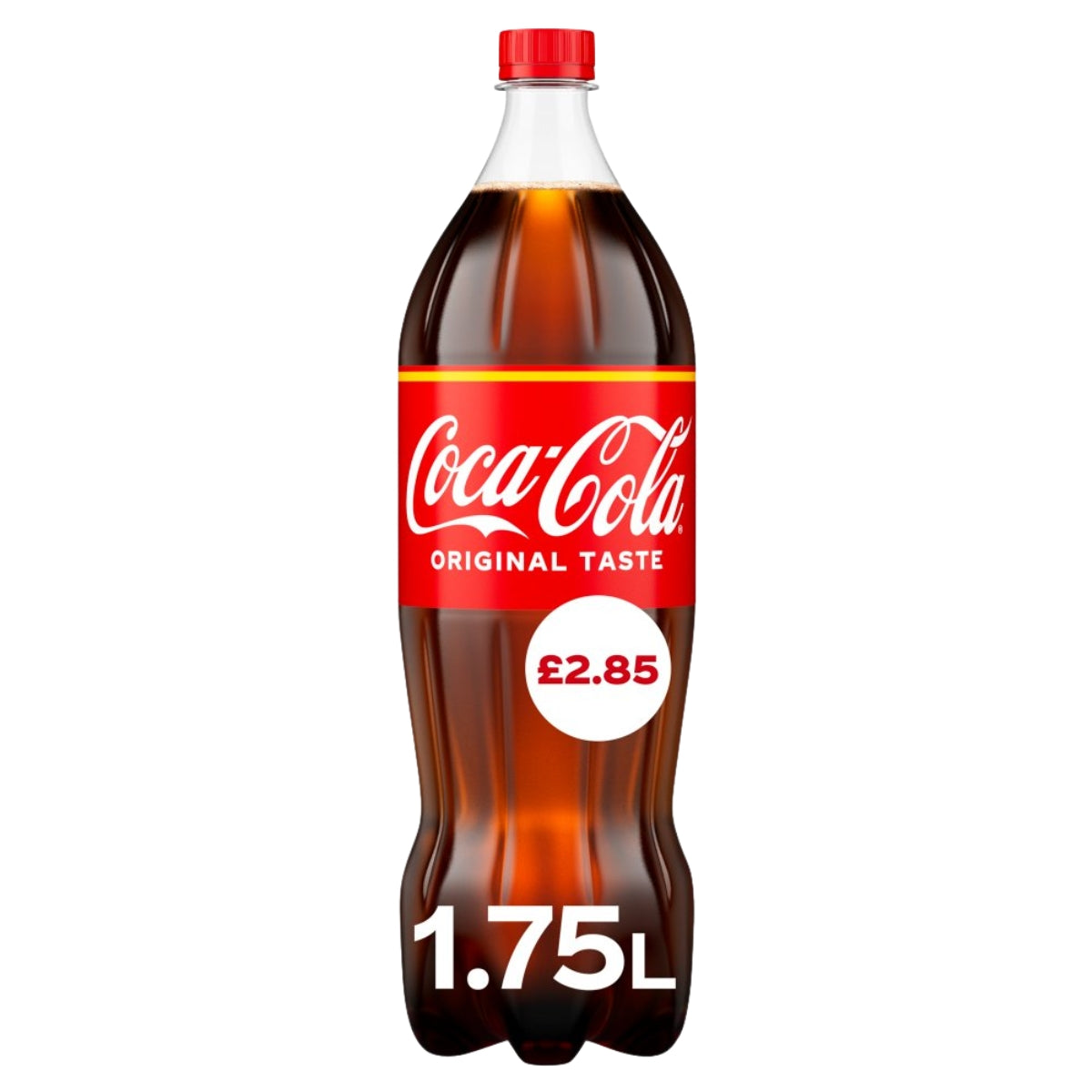 A 1.75L bottle of Coca Cola - Original Bottle, from the brand Coca Cola, with a red label and a price of £2.85 on it.