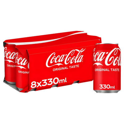 Coca Cola - Original Taste Cans pack includes 8 x 330ml cans, with one can shown in front of the packaging.