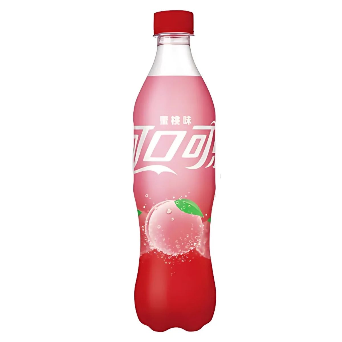 A 500ml Coca Cola - Peach Bottle adorned with branding and illustrations of sparkling peaches on the label, promising a refreshing taste.