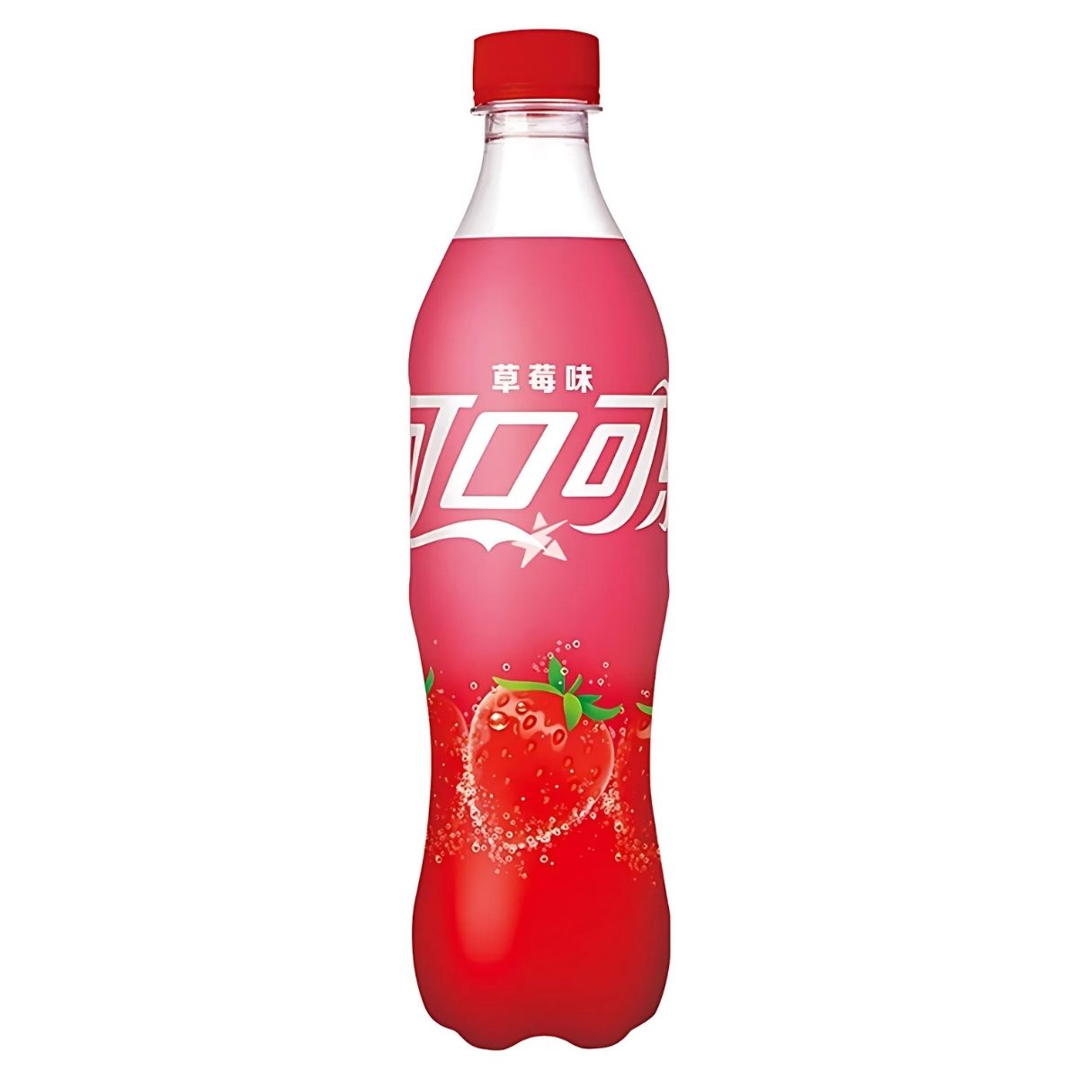 A vibrant red 500ml bottle of Coca Cola - Strawberry (China) provides Coca Cola's signature refreshment with a delightful strawberry flavor, featuring an elegant label decorated with a charming strawberry graphic and Chinese characters.