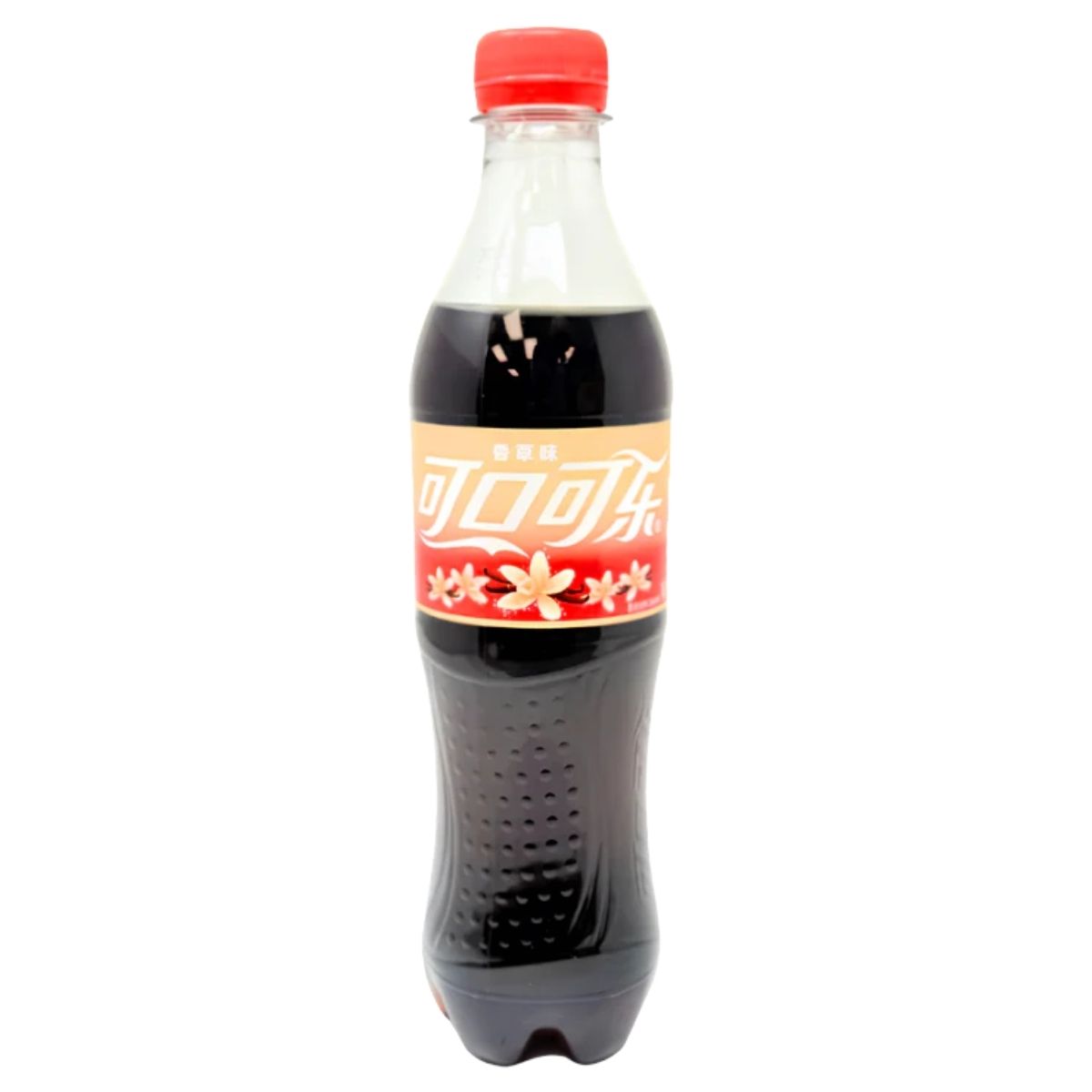A 500ml plastic bottle of Coca Cola - Vanilla Drink with a red cap and a beige label displaying vanilla flowers and Chinese text.