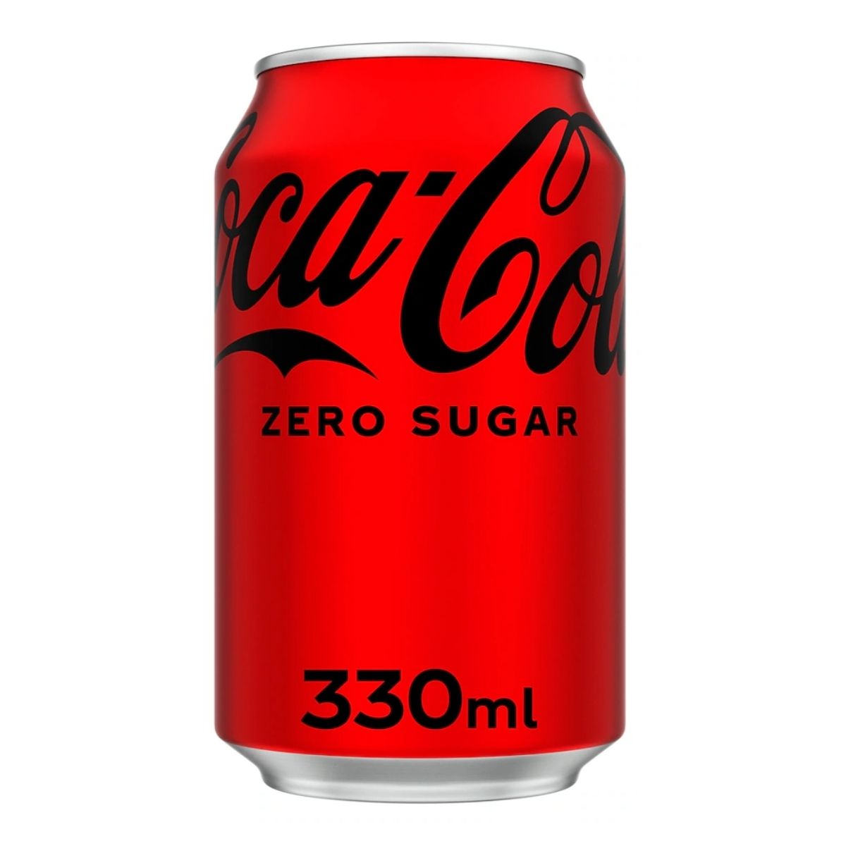 A 330ml can of Coca Cola - Zero Sugar with bold black and white labeling stands on a plain white background, emphasizing this refreshing zero-calorie beverage.
