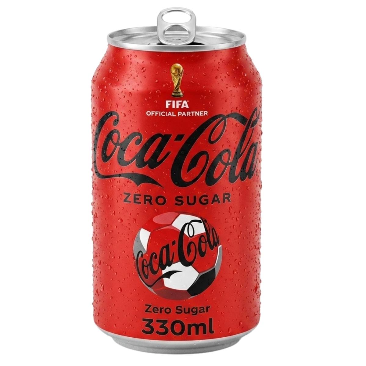 Red can of Coca-Cola Zero Sugar with FIFA logo on a white background