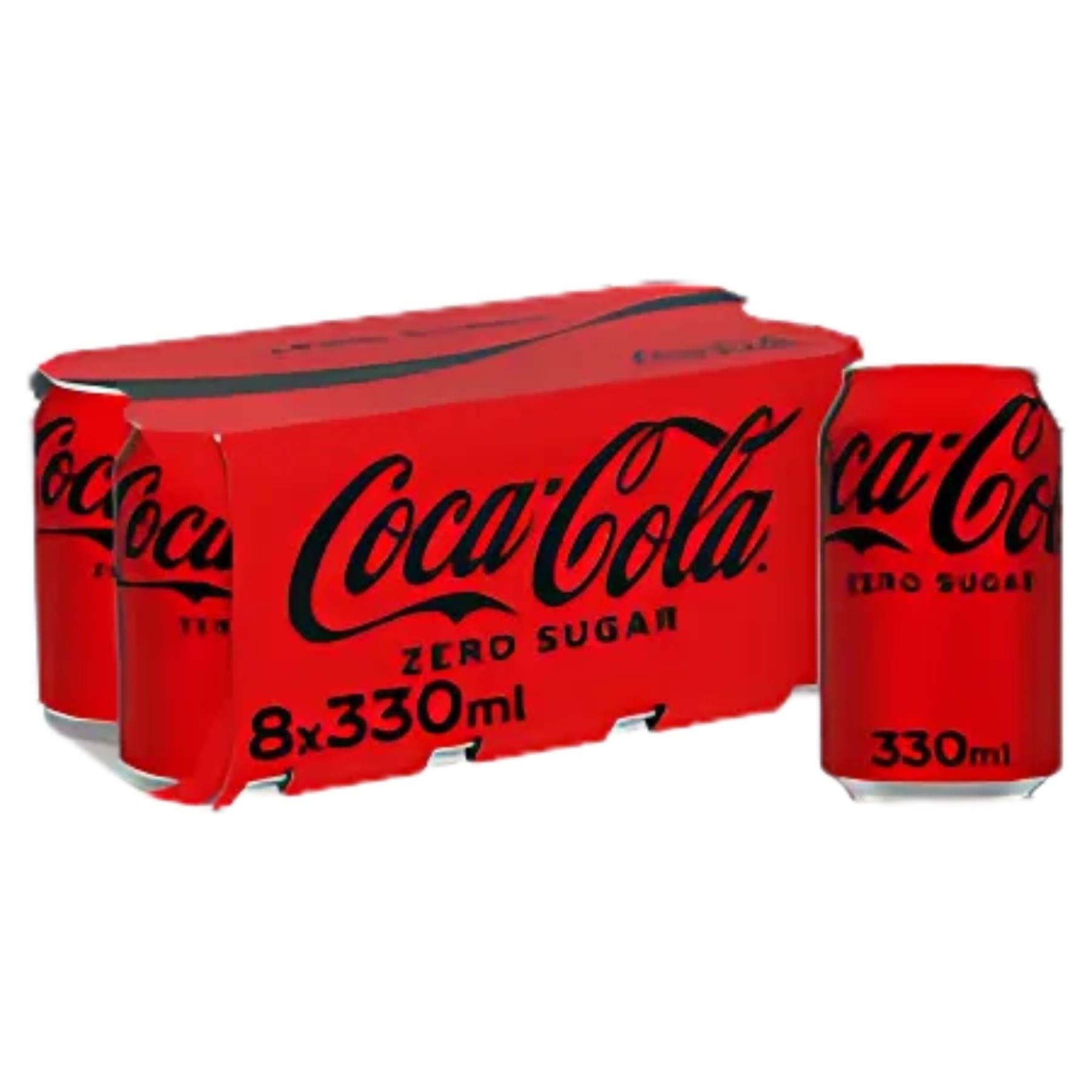 Coca Cola Zero Sugar 8 x 330ml multipack features eight cans of this popular low calorie soft drink, with red packaging and black text. One can is displayed separately. Brand: Coca Cola.