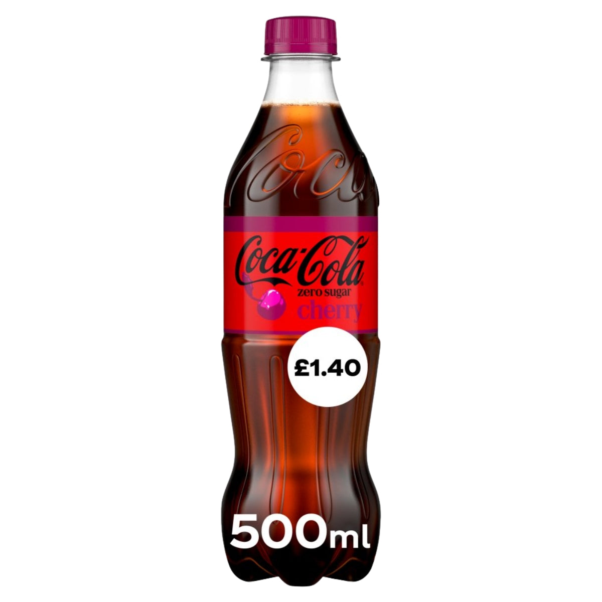 A 500ml bottle of Coca Cola - Zero Sugar Cherry from Coca Cola, featuring bold cherry flavour and priced at £1.40, set against a white background.