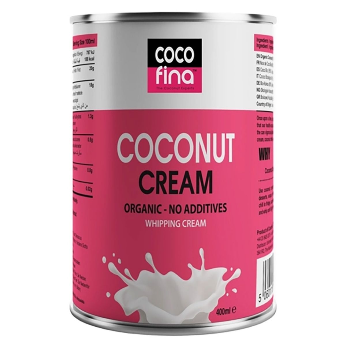 Cocofina Organic Coconut Cream, 400ml, ideal for cooking and baking. The pink label boldly declares "organic - no additives - whipping cream," emphasizing its pure coconut quality.