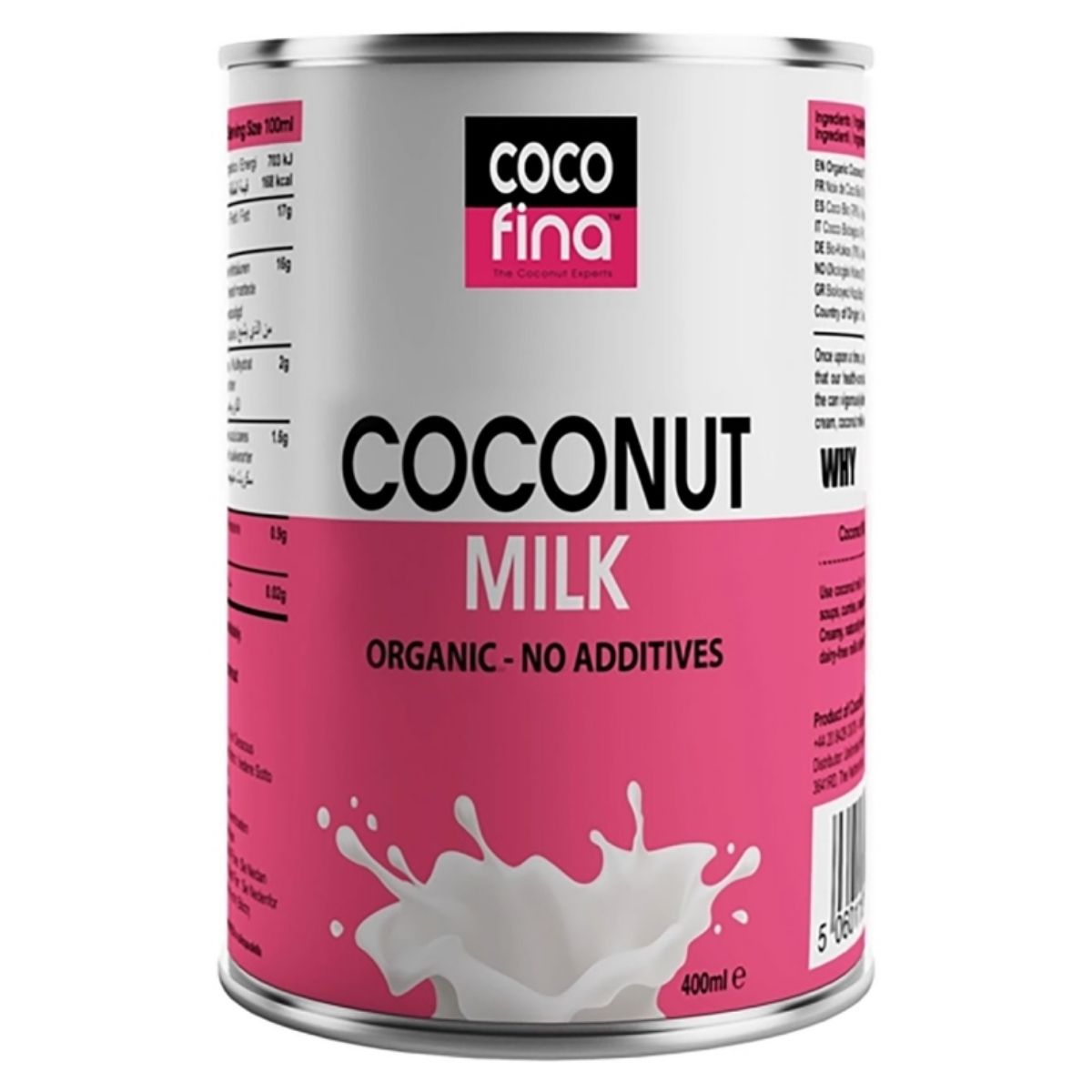 Cocofina - Organic Coconut Milk - 400ml is a dream come true for coconut enthusiasts, boasting an "Organic - No Additives" label. The can's pink and white design with a splash graphic, alongside detailed product information on the side, makes it ideal for any fan of organic coconut milk.