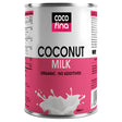 A 400ml can of Cocofina Organic Coconut Milk features a “no additives” label and a coconut milk splash graphic on a white and pink background.
