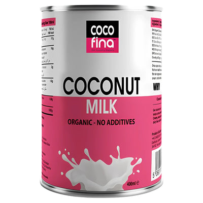 A 400ml can of Cocofina Organic Coconut Milk features a “no additives” label and a coconut milk splash graphic on a white and pink background.