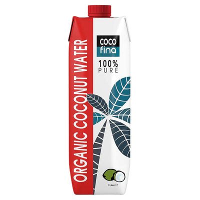 Cocofina Organic Coconut Water 1L is a natural electrolyte drink for healthy hydration, packaged in a red and white carton with coconut imagery and product details on the front.