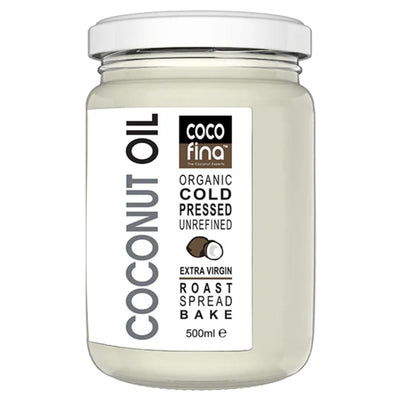 A 500ml jar of Cocofina Organic Cold Pressed Unrefined Coconut Oil with a white lid and product label.